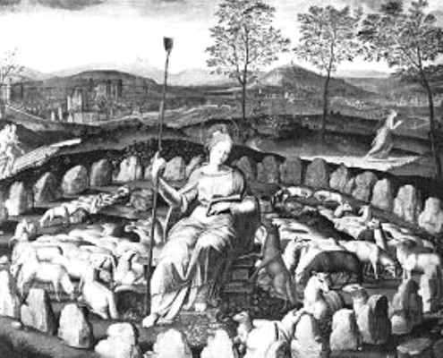 St. Genevieve, portrayed in a stone circle, circa. 1590